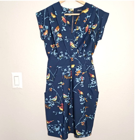 Closet Blu Tropical Birds Floral V-Neck Short Sleeve Navy Blue Yellow S Dress - Picture 5 of 7